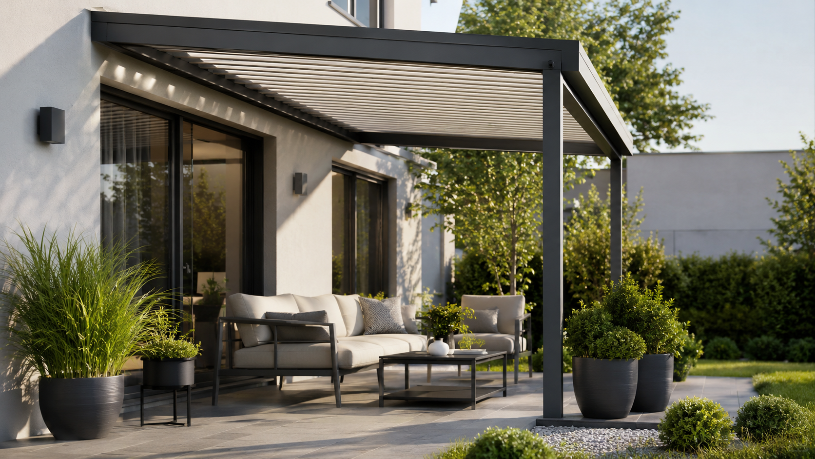 nowoczesna aluminiowa pergola na małej działce